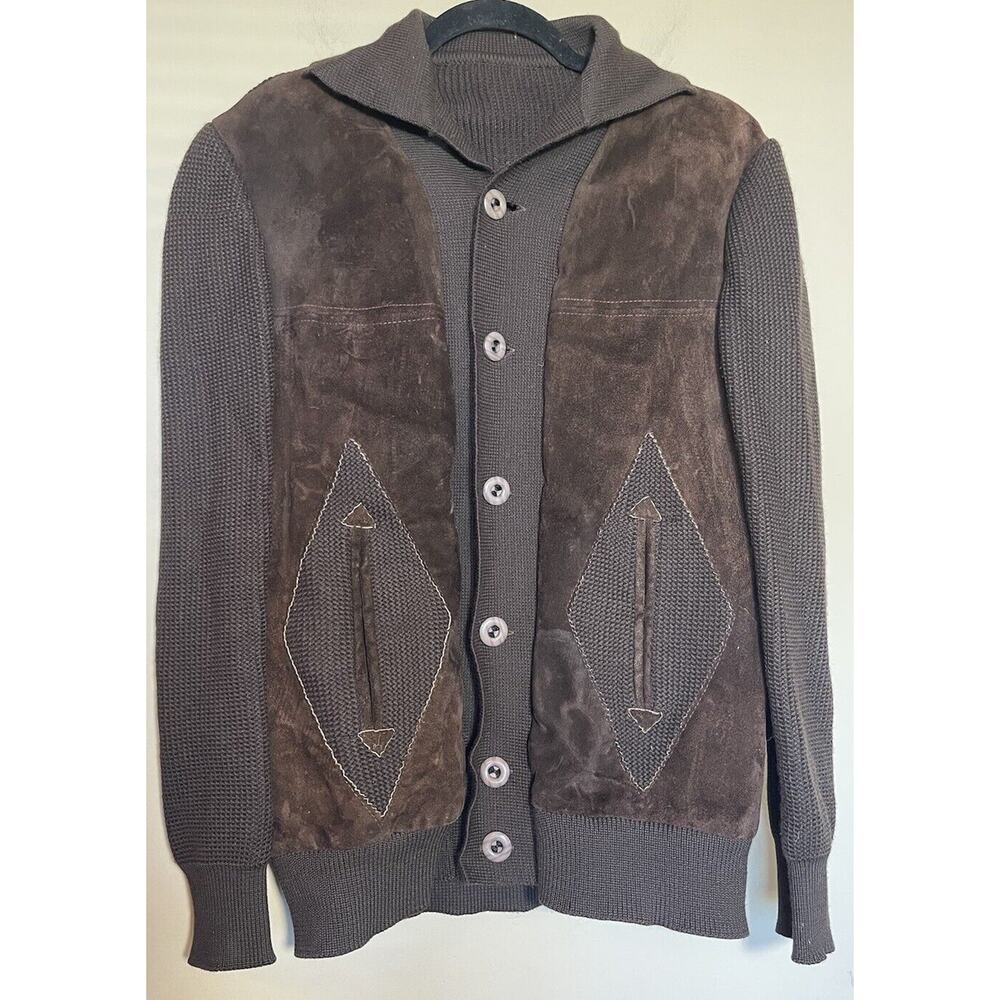 Knit Suede Jacket Men Size Medium Brown With Diamond Shape Pocket Front